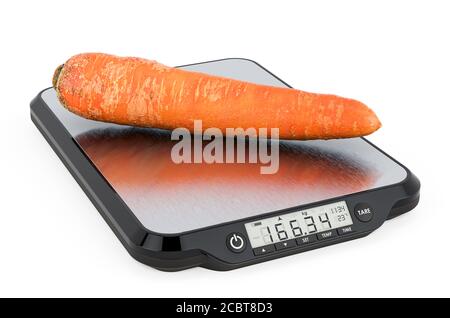 Balance de cuisine avec carottes. Rendu 3D isolé sur fond blanc Banque D'Images