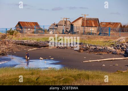 Un homme plus âgé pêchant depuis la rive par un film de construction Set pour une série Netflix à Steveston Colombie-Britannique Canada Banque D'Images