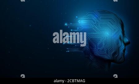 Intelligence artificielle. Contour de la tête humaine avec carte de circuit imprimé à l'intérieur. Technologie et science du cerveau. Illustration vectorielle Illustration de Vecteur