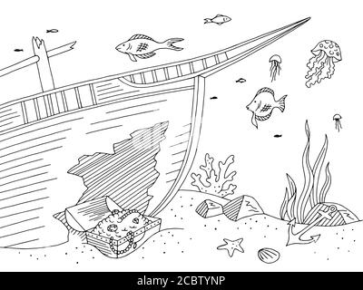 Sous-marin graphique mer brisée navire noir blanc esquisse illustration vecteur Illustration de Vecteur