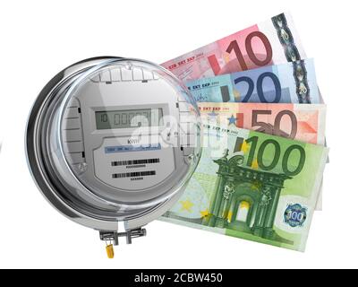 Compteur électrique avec euros. Consommation d'électricité, coût des services publics et concept d'économie. illustration 3d Banque D'Images