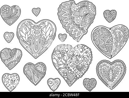 Belle collection de coeurs noirs et blancs décoratifs Illustration de Vecteur