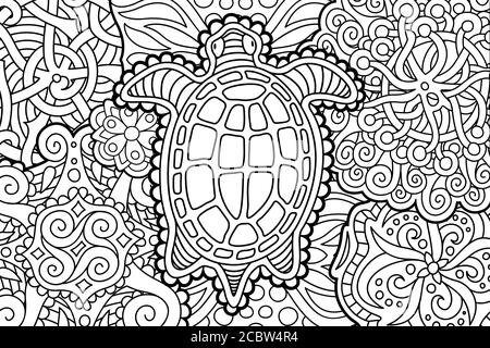 Belle page de livre de coloriage rectangulaire avec tortue de dessin animé Illustration de Vecteur