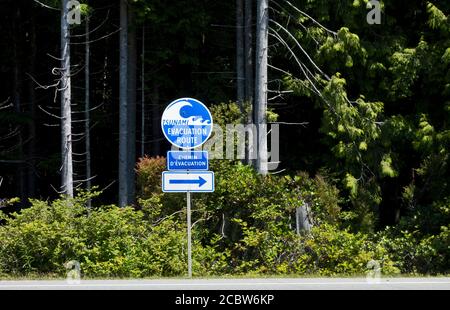 Panneau d'évacuation du tsunami dans le parc national Pacific Rim, sur l'île de Vancouver, C.-B., Canada Banque D'Images