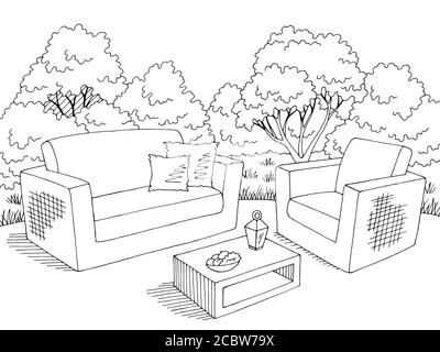 Jardin graphique arrière canapé fauteuil table noir blanc dessin illustration vecteur Illustration de Vecteur