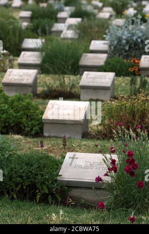 Pierres tombales des soldats australiens et néo-zélandais de la guerre mondiale tombés sur le terrain de trempette de Brown au cimetière Lone Pine Cemetery, sur la péninsule de Gallipoli, en Turquie. Banque D'Images