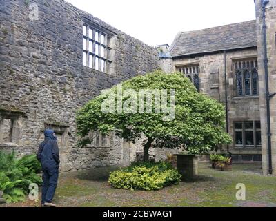 Visiteur en train de se promener par temps humide autour des anciens murs de pierre qui sont les restes de l'abbaye de Whalley à Clitheroe, Lancashire. Banque D'Images