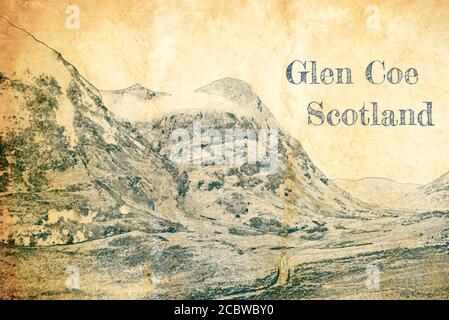 Montagnes à Glencoe, Highlands en Écosse, croquis sur vieux papier Banque D'Images