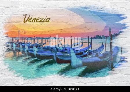 Gondoles à Venise au coucher du soleil, Italie, peinture aquarelle Banque D'Images