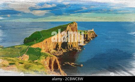 Phare de Neist point au coucher du soleil, Écosse, peinture aquarelle Banque D'Images