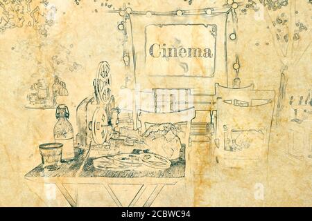 Petit cinéma avec vieux films analogiques, croquis sur vieux papier Banque D'Images