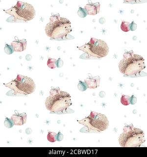 Aquarelle Merry Christmas motifs sans couture avec arbre de noël, vacances mignon bébé hérisson animaux. Papier de fête pour arbres de Noël. Nouvel hiver Banque D'Images