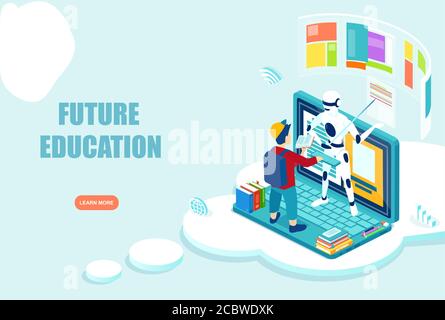 Vecteur d'un garçon, un étudiant en interaction avec le robot en ligne, en utilisant un ordinateur portable pour étudier en ligne Illustration de Vecteur