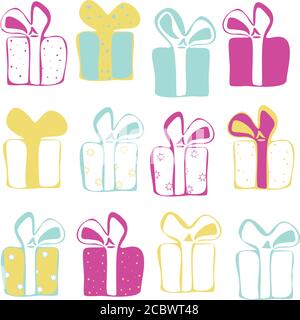 Ensemble vectoriel de différents cadeaux. Collection de cadeaux clipart. Boîte cadeau avec noeuds. Icônes cadeau, logo isolé sur fond blanc. Illustration de Vecteur