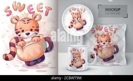 Tigre sur la tasse - affiche et merchandising. Illustration de Vecteur