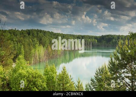 paysage de lac forestier. Vue sur la forêt du lac bleu Banque D'Images