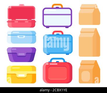 Ensemble de récipients à lunch pour plats à emporter. Emballage des collations, repas du midi dans des sacs jetables ou des boîtes. Illustration de Vecteur