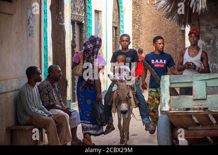 Des hommes à cheval sur des ânes sur la rue principale de la ville de Lamu à l'île de Lamu, Kenya. Banque D'Images