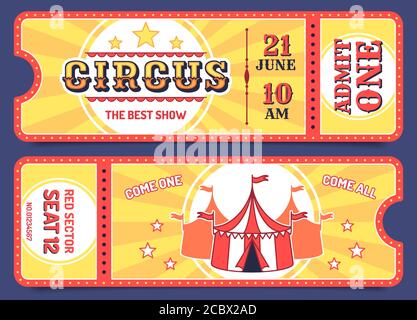 Billets de cirque. Modèles de billets d'entrée avec texte échantillon, coupon d'invitation pour les attractions, événements de carnaval, scénario de magie rétro Illustration de Vecteur