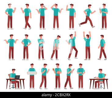 Homme de dessin animé dans une tenue décontractée. Jeune homme caractère dans différentes poses. Etudiant avec divers gestes, jeu de vecteurs d'expression de visage Illustration de Vecteur