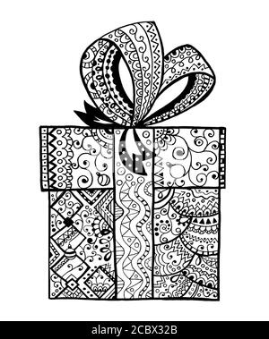 Motif de livre de coloriage dessiné à la main pour un cadeau de Noël. Article de Noël décoratif noir sur fond blanc. Noël. Ligne irrégulière Banque D'Images