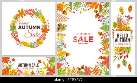 Banderoles de soldes d'automne. Feuilles d'automne colorées, réduction saisonnière. Feuillage de l'arbre comme érable et feuille de châtaignier, corne Illustration de Vecteur