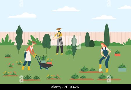 Les gens jardinent, les femmes et les hommes agriculteurs ouvriers agricoles cultivant des plantes et des fleurs sur la pelouse ou dans la cour Illustration de Vecteur