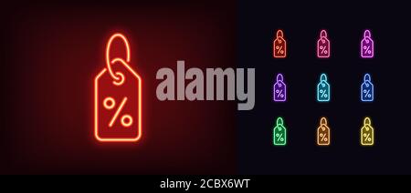 Icône de remise néon. Étiquette de réduction au néon lumineuse avec signe de pourcentage, vente de produit dans des couleurs vives. Étiquette à bas prix, offre spéciale, annonce de vente. Icône Illustration de Vecteur