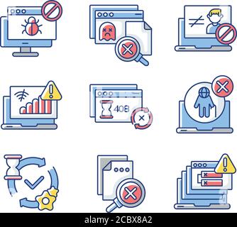 Jeu d'icônes de couleur RVB de connexion Internet. Diverses erreurs et notifications de pages Web. Différents États du réseau, messages du site Web. Vecteur isolé Illustration de Vecteur