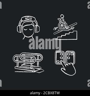 Les personnes handicapées installations craie icônes blanches sur fond noir. Code braille. Description de la vidéo. Plates-formes pour fauteuils roulants et escaliers roulants. JE Illustration de Vecteur