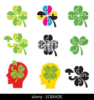 Shamrock, trèfle à quatre feuilles, concept de casse-tête. Ensemble d'icônes colorées de shamrock et de trèfle à quatre feuilles comme puzzle. Élément de design du thème bonne chance. Illustration de Vecteur