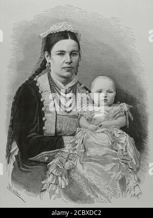 Maria de las Mercedes de Borbon y Habsburgo-Lorena (1880-1904). Infanta d'Espagne et la princesse des Asturies. L'Infanta Maria de las Mercedes dans les bras d'une infirmière humide. Illustration par Badillo. Gravure par Carretero. La Ilustracion Española y Americana, 1881. Banque D'Images