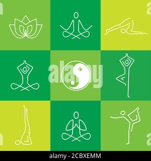 Icônes vert plat de yoga. Jeux d'icônes de yoga. Symboles modernes pour infographies ou utilisation sur le Web.vecteur disponible. Illustration de Vecteur