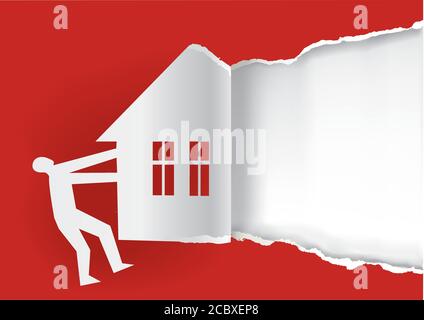 Modèle d'arrière-plan immobilier à vendre. Un homme a déchiré du papier rouge avec une silhouette de maison. Concept pour l'immobilier à vendre. Vecteur disponible. Illustration de Vecteur