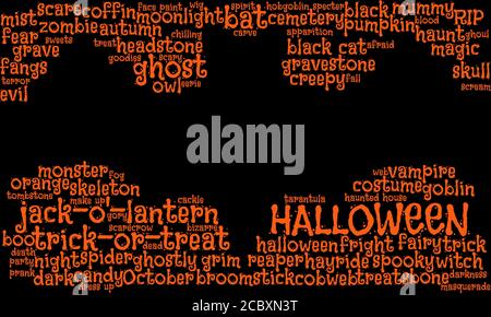 Texte orange de nuage de tags, nuage de mots forme une zone vide en forme de chauve-souris noire, concept pour le macabre, Halloween, coutumes et traditions effrayantes Banque D'Images