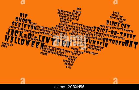 Tag nuage, texte nuage lié à Halloween en forme de vampire chauve-souris sur fond orange, concept pour octobre 31, trick or Treat, effrayant coutumes Banque D'Images
