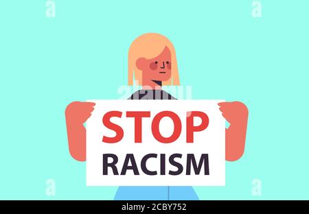 femme militante tenant une affiche de lutte contre le racisme égalité raciale justice sociale arrêter la discrimination concept portrait horizontal illustration vectorielle Illustration de Vecteur