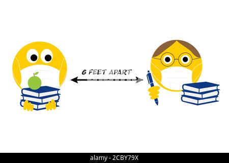 Retour à l'école pendant le coronavirus, covid19, professeur et élève émojis social distançant 6 pieds de distance. Concept de coronavirus pour les jeunes et les enfants. Banque D'Images
