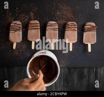 Crème glacée au chocolat maison ou popsicles garni de poussière de cacao, vue de dessus Banque D'Images