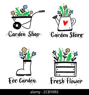 Jeu de lettrage de jardin dessiné à la main avec fleurs, boîte de fleurs, brouette, arrosoir éléments. Illustration vectorielle isolée pour le logo de la boutique de jardin, l'affiche typographique, l'icône de la ferme, le design de la carte. Illustration de Vecteur