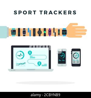 Ensemble de nombreux traqueurs de sport, bracelets de fitness et appareils vecteur icône plate isolée. Illustration de Vecteur