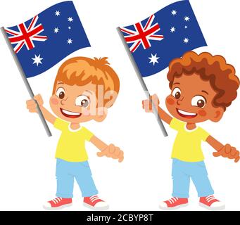 Drapeau australien en main. Drapeau de retenue des enfants. Drapeau national de l'Australie vecteur Illustration de Vecteur