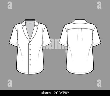 Chemise de pyjama technique avec coupe ample, col cranté pointu, boutons sur le devant, manches courtes. Modèle de vêtement plat avant arrière de couleur blanche. Femmes hommes unisexe haut Illustration de Vecteur
