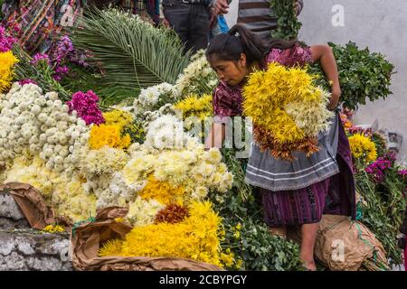 Une femme maya Quiche vend des fleurs sur le marché des fleurs sur les marches mayas pré-hispanique devant l'église de Santo Tomas à Chichichastenango, Gua Banque D'Images