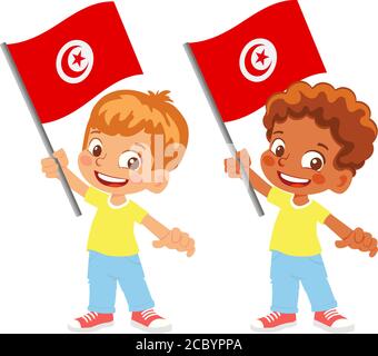 Drapeau tunisien en main. Drapeau de retenue des enfants. Drapeau national de Tunisie vecteur Illustration de Vecteur