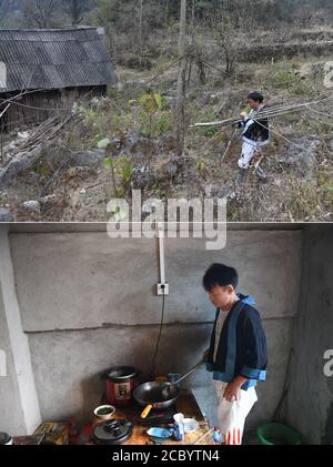 (200817) -- NANDAN, 17 août 2020 (Xinhua) -- dans cette photo combinée, le haut pris le 12 janvier 2018 montre lu Laoai qui rentre à la maison avec du bois de chauffage qui est utilisé comme combustible pour cuisiner des repas, dans le village de Renguang de Lihu Yao Township, Et le plus bas pris le 6 août 2020 montre lu cuisiner un plat avec une table de cuisson à induction dans sa nouvelle maison à l'intérieur d'un site de délocalisation de secours de la pauvreté pour le peuple Baiku Yao, dans le comté de Nandan, dans la région autonome de Guangxi Zhuang au sud de la Chine. Situé dans la partie nord-ouest du Guangxi, le comté de Nandan est connu pour le peuple Baiku Yao, une minorité ethnique connue pour son pan blanc Banque D'Images