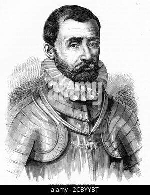 Gravure de Lamoral, comte d'Egmont, prince de Gavere ( 1522 – 1568) général et homme d'État aux pays-Bas espagnols juste avant le début de la guerre des quatre-vingts ans, dont l'exécution a contribué à déclencher le soulèvement national qui a finalement conduit à l'indépendance des pays-Bas. Banque D'Images