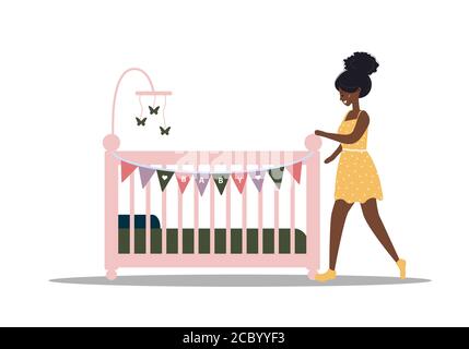 Icône COT. Une fille africaine se tient à la crèche. Un élément simple de la collection d'icônes Baby Things. Station d'accueil pour bébé créative pour interface utilisateur, ux, applications, logiciels et Illustration de Vecteur