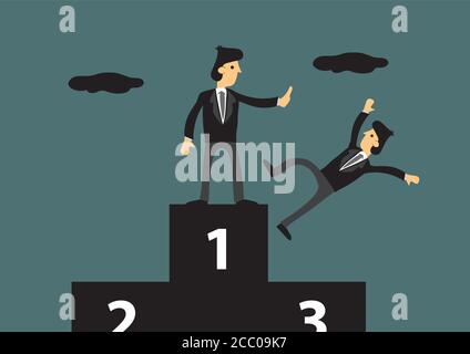 Un homme d'affaires de dessin animé se tenant en première place sur un podium à trois niveaux, repoussant son concurrent. Illustration vectorielle créative sur la métaphore pour obtenir r Illustration de Vecteur