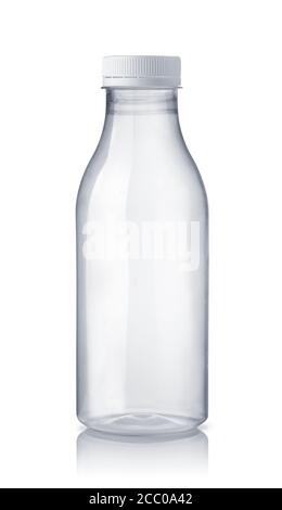 Vue avant du biberon en plastique vide isolé sur du blanc Banque D'Images